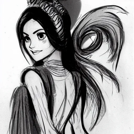 Image similar to milt kahl sketch of victoria justice with done up hair, tendrils covering face and ponytail as princess padme from star wars episode 3