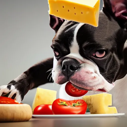 Prompt: boston terrier with a beard eating tomato's with cheese, photorealistic, high detail, 8 k resolution