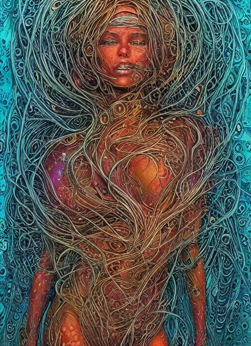 Image similar to beautiful psychedelic goddess enrobed in tentacles in the style of peter gric