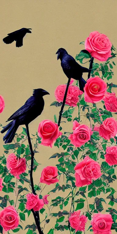 Image similar to crows made out of roses, rose crows, flower crows, crows made of flowers, muted tones, album artwork, expressionist, serene,