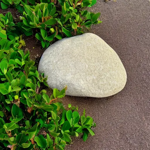Prompt: a beautiful rock on the beach, lush vegetation