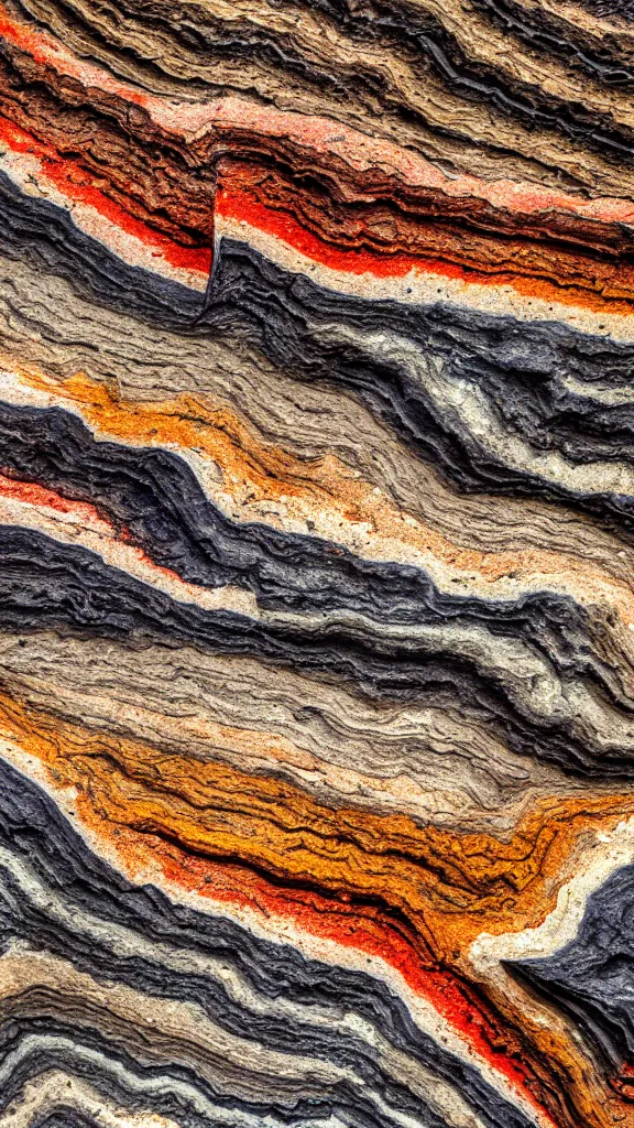 Image similar to vivid color, folded, tessellated planes of rock, alien sedimentary schematic, igneous rock, marbled veins, 3D!!! diorama architectural drawing macro photography, depth of field with layers of strata, ochre, sienna, black, gray, olive, mineral grains, dramatic lighting, rock texture, sand by James jean, geology, octane render in the style of Luis García Mozos