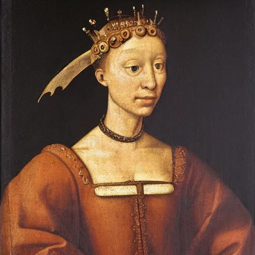 Image similar to a renaissance style portrait of a camel wearing a crown and a cape, dark background