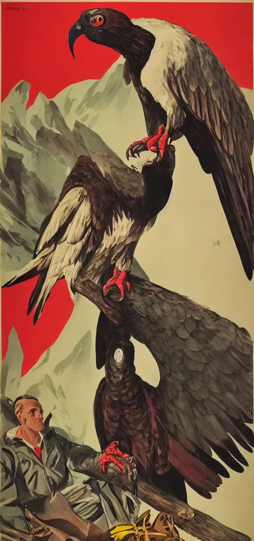 Image similar to mistery man in hood and red eyes with a dager, and a vulture, 1940s propaganda poster, full hd,highly detailed