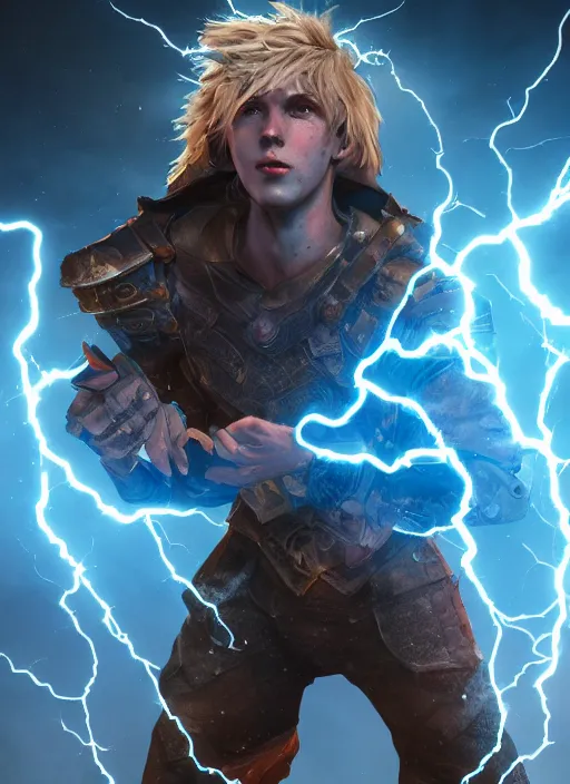 Prompt: An epic fantasy comic book style portrait painting of a young boy surrounded by lightning and power, unreal 5, DAZ, hyperrealistic, octane render, cosplay, RPG portrait, dynamic lighting