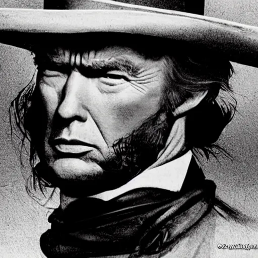 Image similar to an 1 8 0 0 s photo of donald trump playing the role of clint eastwood, squinting at high noon, in the style of a clint eastwood movie, the good, the bad and the ugly, clint eastwood, vibe, donald trump, glory days, justice, american flag, patriotism, apple pie, black and white, artgerm