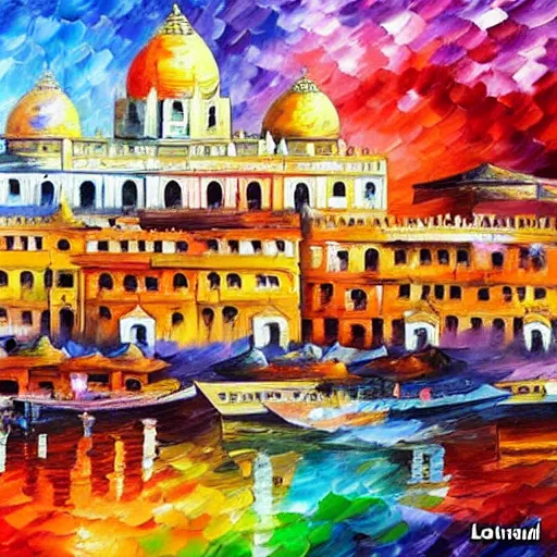 Image similar to People playing holi in Varanasi, with temples in the background, color in the air, Kai Fine Art by Leonid Afremov, by Guy Billoutread