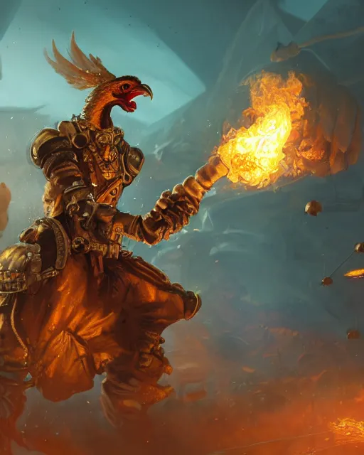 Image similar to Chicken, Anthropomorphized, holding flamethrower, raging, Golden Steampunk city atmosphere, magic the gathering artwork, D&D, fantasy, cinematic lighting, centered, symmetrical, highly detailed, digital painting, artstation, concept art, smooth, sharp focus, illustration, volumetric lighting, epic Composition, 8k, art by Akihiko Yoshida and Greg Rutkowski and Craig Mullins, heroic pose, oil painting, cgsociety