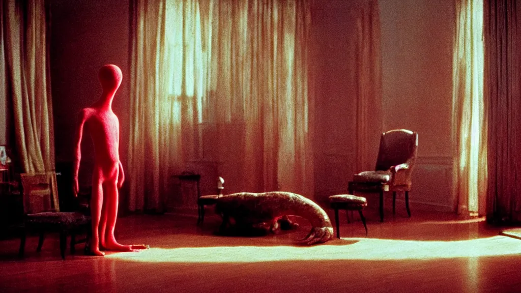 Image similar to a strange creature made of wax and water in the living room, film still from the movie directed by Wes Anderson with art direction by Zdzisław Beksiński, wide lens