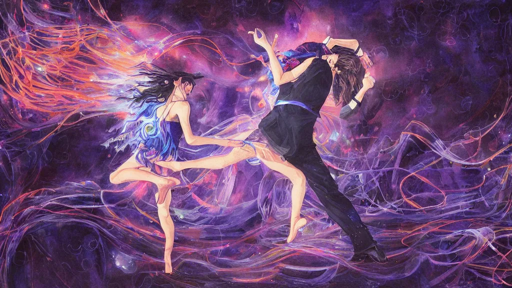 Image similar to a detailed painting of two people dancing togheter inspired by yoshitaka amano enveloped in trails of colorful animal ghosts floating around them. clean painting, realistic and auora lighting. dark blue and intense purple color palette, art by kuvshinov ilya, 8 k