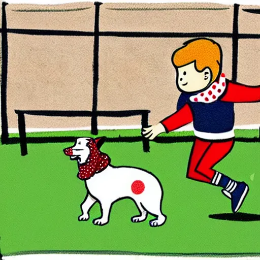 Image similar to illustration of french boy in paris playing football against a corgi who is wearing a polka dot scarf