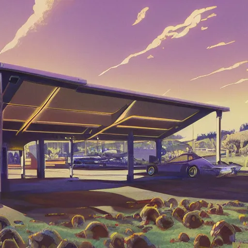 Prompt: painting of syd mead artlilery scifi organic shaped gas station with ornate metal work lands on a farm, fossil ornaments, volumetric lights, purple sun, moebius