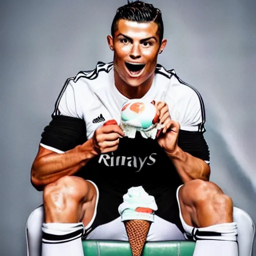 Image similar to a promo portrait of cristiano ronaldo crying sitting in a sofa, eating a bucket of ice cream,