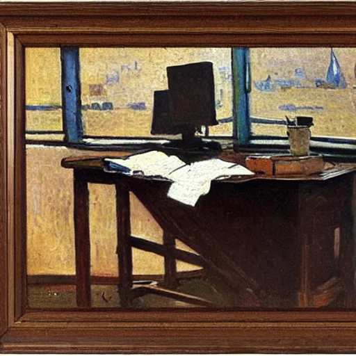 Prompt: a computer mouse on a desk, stanhope forbes, landscape painting, impressionist