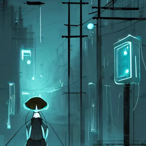 Prompt: teal and white colors. Utility poles in style of cytus and deemo, mysterious vibes, set in half-life 2, beautiful with eerie vibes, very inspirational, very stylish, surrealistic, perfect digital art, mystical journey in strange world, bastion game