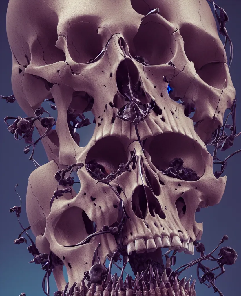 Prompt: composition of human skulls, animals skulls, bones, rib-cage and orchids, bioluminiscent, by Tooth Wu and wlop and beeple. octane render, trending on artstation, greg rutkowski very coherent symmetrical artwork. cinematic, hyper realism, high detail, octane render, 8k