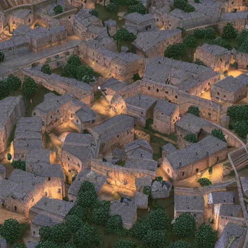 Image similar to the center of a poor medieval town under heavy rain at late night, in a valley, surrounded by mountains, highly detailed, octane render, ultra detailed cinematic, 8 k, widescreen, 1 6 : 9, hd