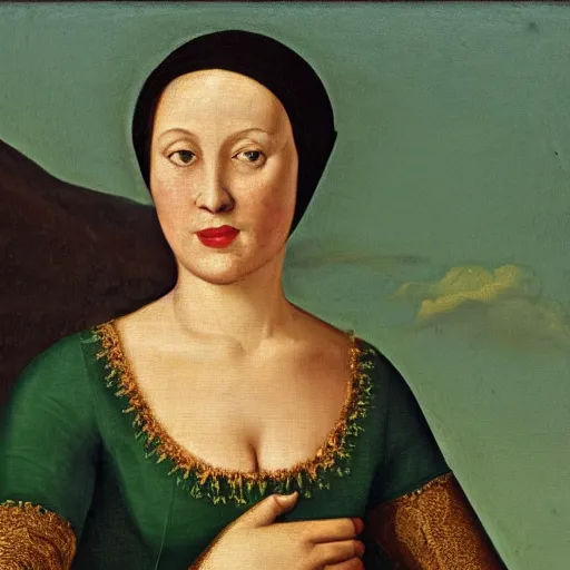 Prompt: a renaissance oil painting of a portrait of a young woman from the fifties, without eyebrows, seated in front of a landscape, wears a dark green dress, with yellow sleeves, with gold interlacing and embroidery at the neckline, a translucent black veil covers the finely curly hair, her arms are bent and her hands crossed