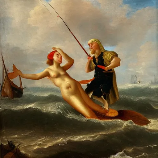 Image similar to a fisherman harpoons a mermaid, dutch golden age oil painting masterpiece