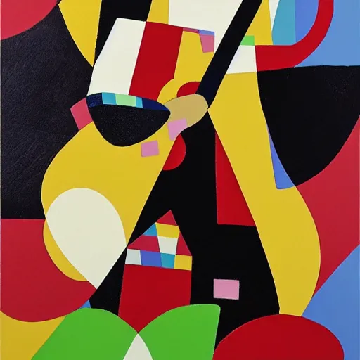 Image similar to portrait of a person playing guitar, abstract painting in the style of Sophie Taeuber-Arp and Gary Hume and Tatsuro Kiuchi, flat colour-block style, geometric abstraction, dark colours