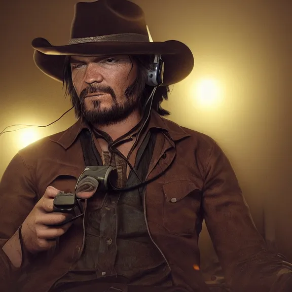 Prompt: john marston in a dimly lit bedroom, playing pc games with gaming headphones on, photograph, top lit