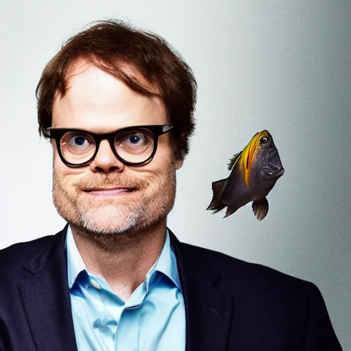 Prompt: proud rainn wilson holding a tiny piece of paper and a fish above his head by rubins