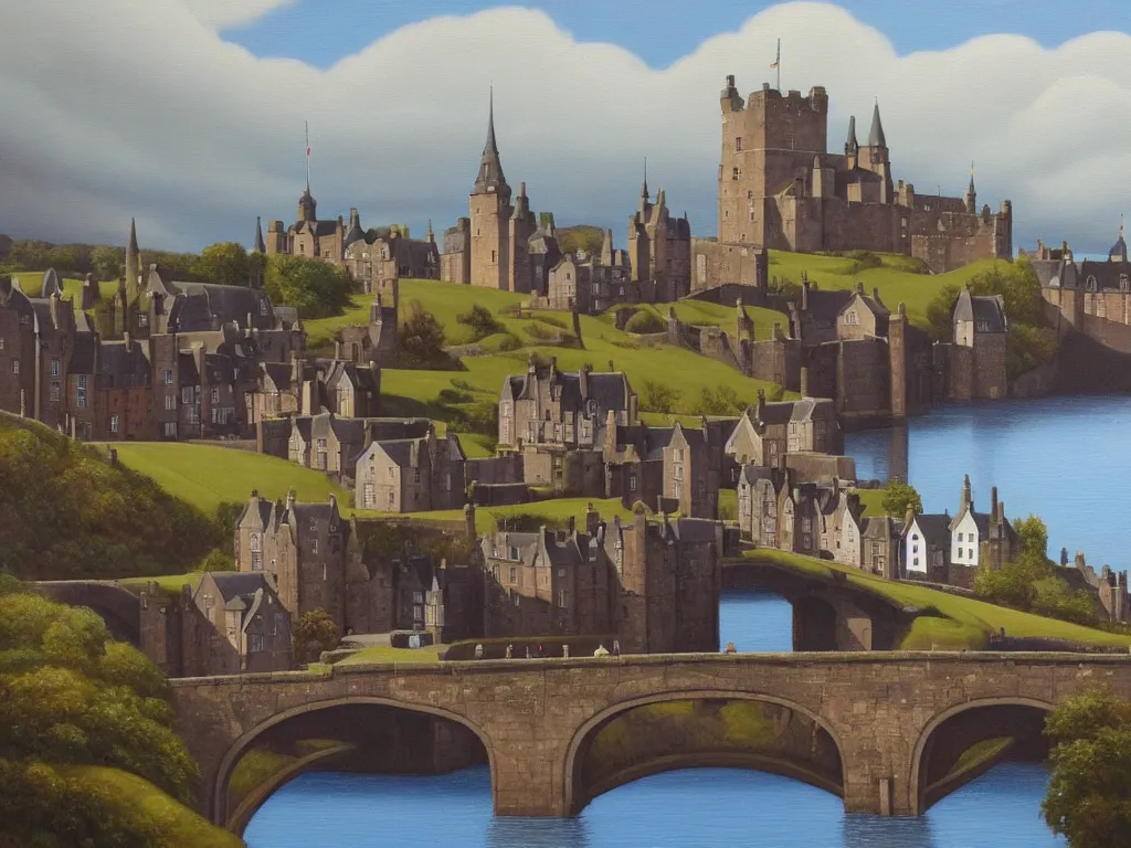 Image similar to A detailed oil painting of a beautiful Scotland town, castle, bridge, loch, in the style of Michiel Schrijver, isometric