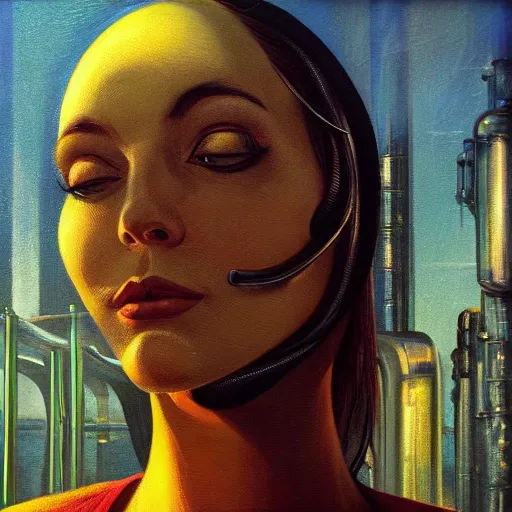 Image similar to detailed face of a woman, clockwork, moment, tectonic sky, skydome, bullet train, turbines, utopian, tech noir, wet reflections, prism, atmospheric, ambient, pj crook, syd mead, livia prima, greg rutkowski, edward hopper