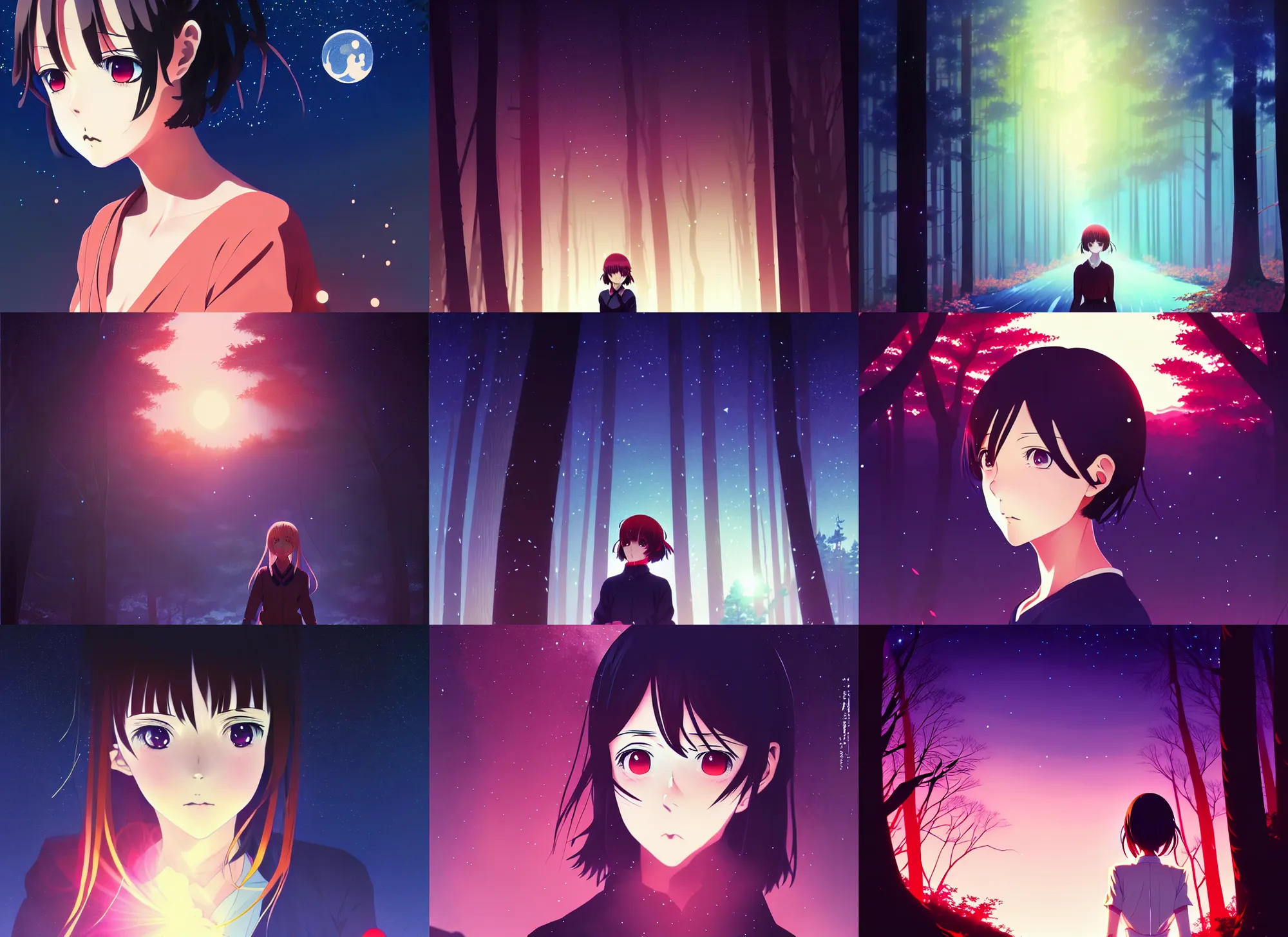 Prompt: anime key visual, portrait of a young woman traveling in a forest at night, night sky, very dark, beautiful face by ilya kuvshinov, yoh yoshinari, dynamic pose, dynamic perspective, rounded eyes, kyoani, smooth facial features, dramatic lighting, tatami galaxy