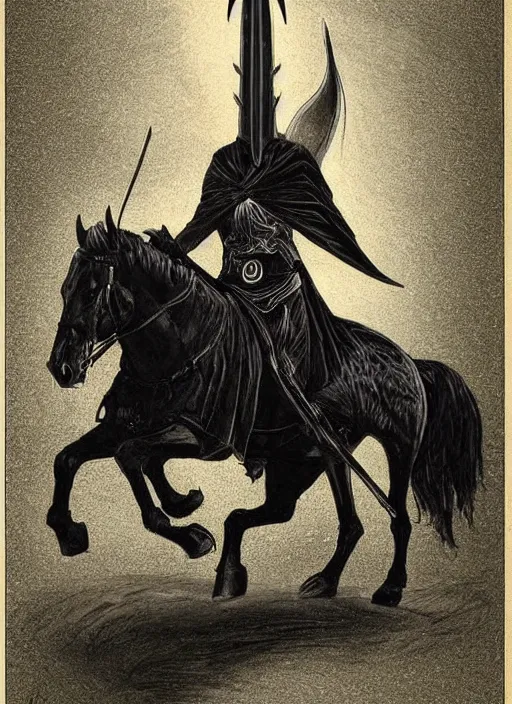 Prompt: A tall and evil shape, mounted upon a black horse… The rider was robed all in black, and black was his lofty helm metal helmet lotr