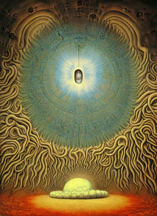 Image similar to antediluvian occult cosmology, panspermia, by remedios varo and daniel arsham and robert hooke and ernst haeckel and agostino arrivabene and joaquin sorolla and martin johnson heade, rule of thirds, vivid colours, negative space, atmospheric, digital painting, artstation, concept art, smooth, sharp focus