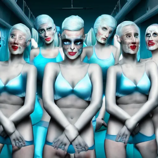 Image similar to troop of cloned freakshow women with white bob hairdos, tight light blue neopren suits, futuristic production facility, sci - fi, highly detailed, cinematic