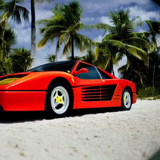 Image similar to a red Ferrari testarossa next to a white sand beach with palm trees. 16bit graphics. HD 8K. Intricate detail