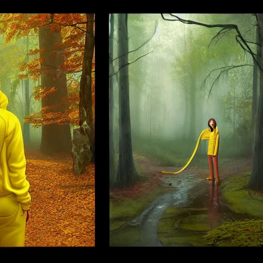 Image similar to Big wall poster artwork of forest by Michael Whelan, Rendering of a dead woman wearing yellow velor sweat suit and dirty heavily worn white keds slip on tennis shoe with toes pointing up covered by dark colored leaves and twigs from the calf and up, Matte painting, trending on artstation and unreal engine