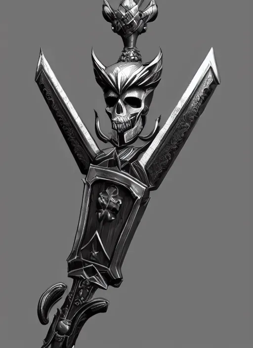 Image similar to a black and silver sword skull crest, orthographic, ornament, weapon, a 2 d render by dom qwek, front side, concept art, trending on polycount, artstation, hard surface modeling, rendered in maya, zbrush, hd, vray, blizzard, symmetry