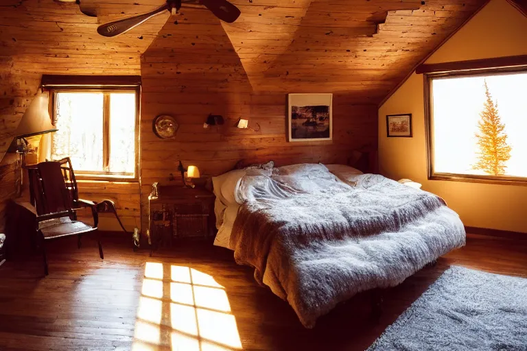 Prompt: interior of a cozy room in Aspen, golden hour, sunbeams, volumetric lighting, cozy, super cozy, cozy!, very cozy, comfortable, warm, coziest room in the world, by Emmanuel Lubezki