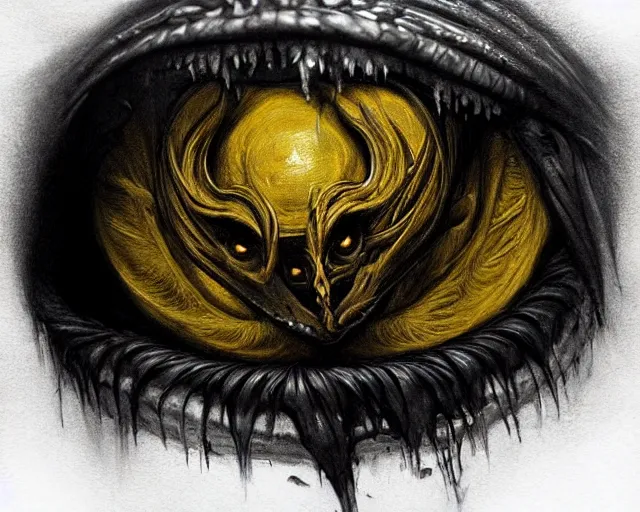 Image similar to ! dream epic masterpiece of cinematographic hyperrealism where a two large yellow eyes peer from the darkness, horror, ominous, beast, horror movie deep focus, d & d, fantasy, intricate, elegant, highly detailed, digital painting, artstation, concept art, matte, sharp focus, illustration, hearthstone, art by artgerm and greg rutkowski and alphonse mucha