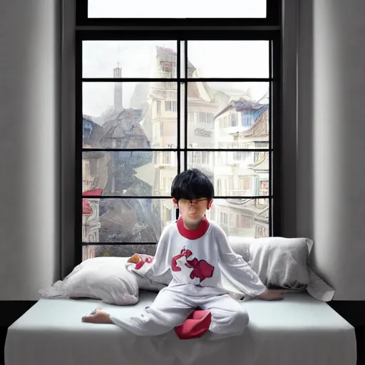 Prompt: young boy wearing white fabric pajama with cartoon paintings on it infront of the window in his room and staring outside. highly detailed, digital photo, smooth and sharp focus, cg by tian zi and wlop and alphonse mucha