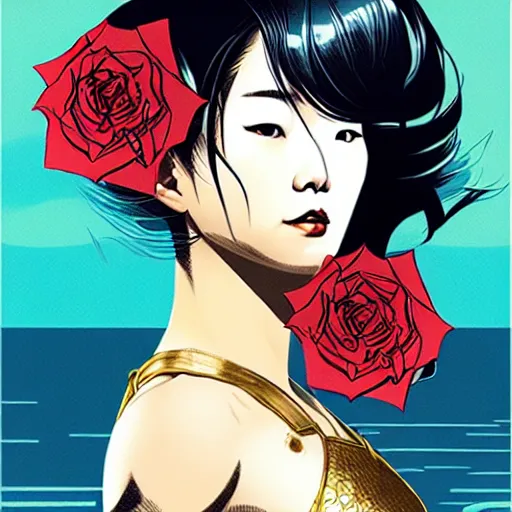 Image similar to portrait of japanese woman :: side profile :: in ocean :: guns metallic details :: gold :: blood and roses :: by MARVEL comics and Sandra Chevrier