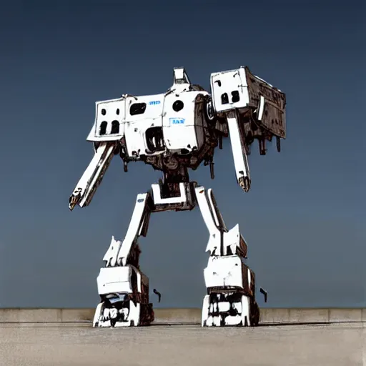 Prompt: dog type war mech made of white rusted metal plastic art by jakub rozalski