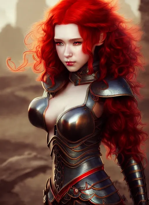 Image similar to leather armor!!! beautiful and elegant curly red hair female elf!! gorgeous ayes!! character concept art, sharp focus, octane render! unreal engine 5! highly rendered!! trending on artstation!! detailed linework!! illustration by artgerm, wlop, and chie yoshii