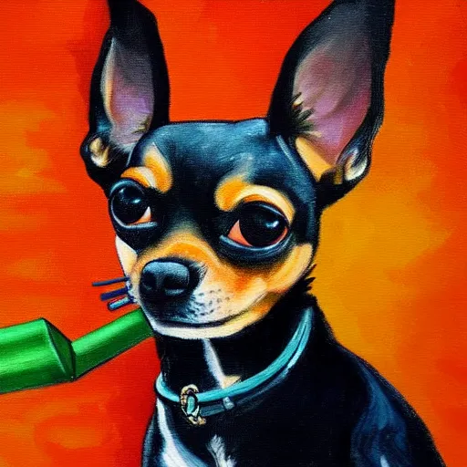 Image similar to a painting of a chihuahua smoking weed in an office