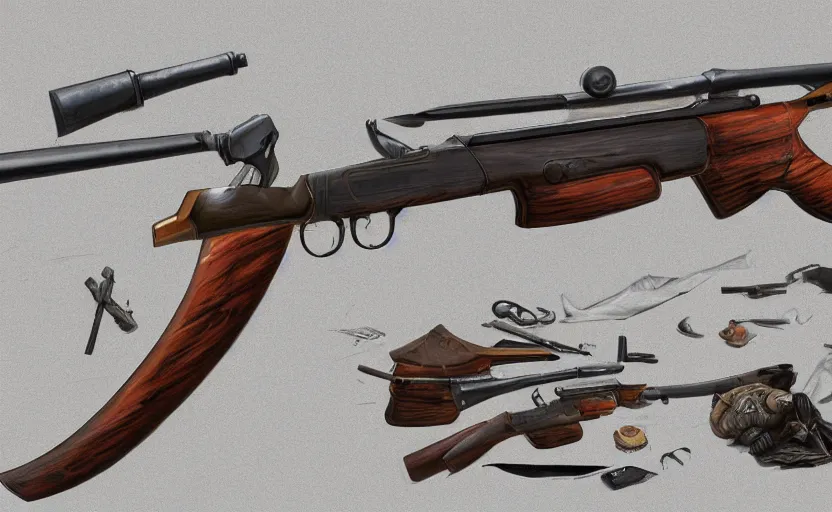 Image similar to Digital drawing of a muzzleloaded flintlock AK47 rifle from the site grabAgun, gunbroker, white background, firearms, professional gunsmithing, top down drawing, gun auction, 4k. high quality, concept art, art by Jean Giraud and Shirow Masamune, gun art reference, postapocalyptic