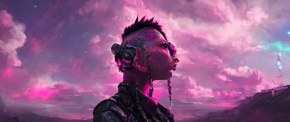 Prompt: portrait big punk, pink, mohawk, space, hyperdetailed illustration, stars, neon, oil painting, rich deep colors masterpiece, ultra detailed, contrast, heaven pink, clouds, volumetric light, atmospheric lighting, pirate neon ship, dramatic, cinematic, moody, octane render 4 k, 8 k