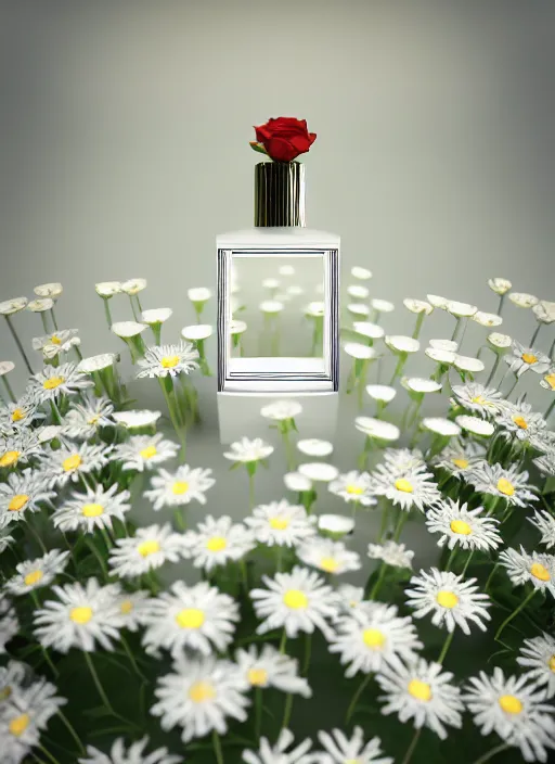 Image similar to perfume bottle standing in white enchanted coral garden of daisies, roses in an ivory room well contoured smooth fair walls, up close shot, sharp focus, global illumination, radiant light, alexandre ferra white mecha, irakli nadar, octane highly render, 4 k, ultra hd,