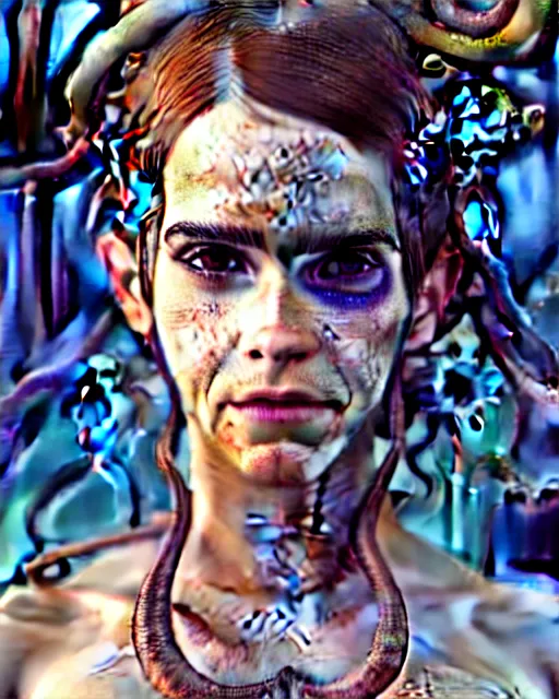 Image similar to underwater steampunk biopunk portrait of emma watson, octopus, au naturel, hyper detailed, digital art, trending in artstation, cinematic lighting, studio quality, smooth render, unreal engine 5 rendered, octane rendered, art style by klimt and nixeu and ian sprigger and wlop and krenz cushart.