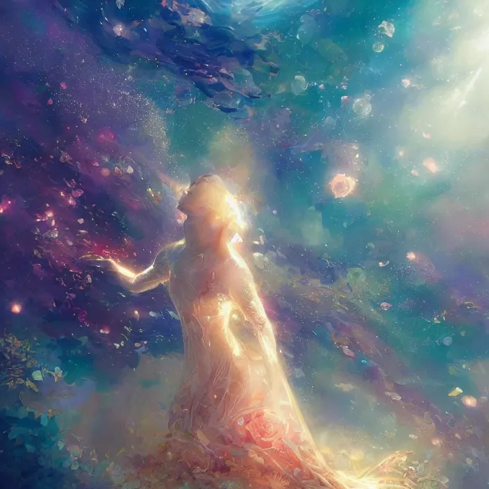 Image similar to glimmering whale, flowing dress, flowers, cosmos, milky way galaxy, golden hour, god rays, coral reef, dreamscape by artgerm and ruan jia and ismail inceoglu and greg olsen, masterpiece, beautiful, intricate, elegant, highly detailed