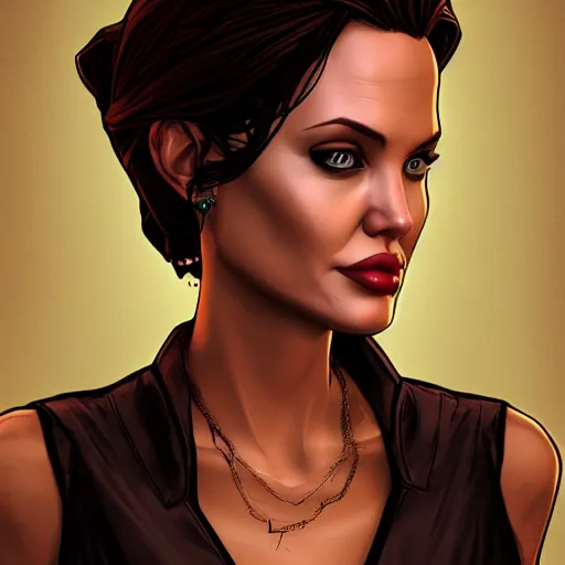 Image similar to angelina jolie portrait, borderlands, tales from the borderlands, the wolf among us, comic, cinematic lighting, studio quality, 8 k