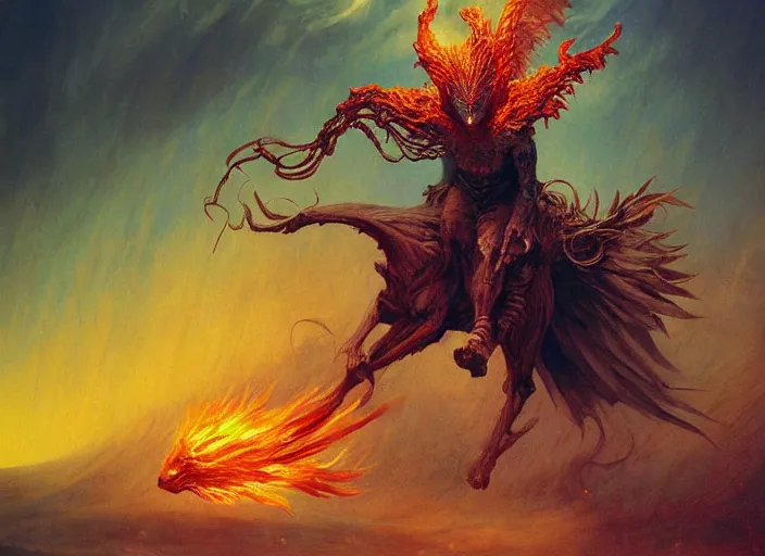 Image similar to nameless king riding a giant dark phoenix, storm king, beksinski, wayne barlowe, ruan jia, dark soul concept art