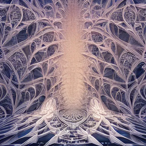 Image similar to a hyperrealistic 3 d painting of a delicate ivory sculpture of an ornate detailed cathedral populated by mandelbrot fractals by android jones, micro detail, unreal engine, volumetric lighting, dramatic lighting, psychedelic, octane renderer, catholicpunk, glowing, white color scheme, photorealistic, physically based rendering, angelic, colorful, carved soap, trending on cgsociety